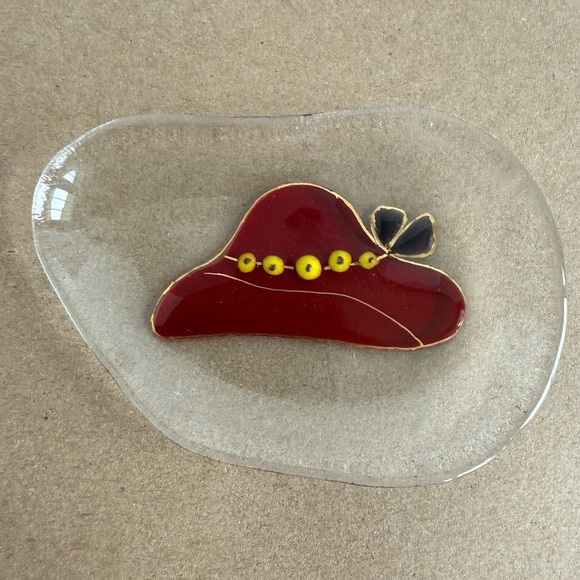 Vtg Red Hat Society Glass Dish Fused Red Glass w Yellow Beads and Purple Bow - Picture 4 of 5